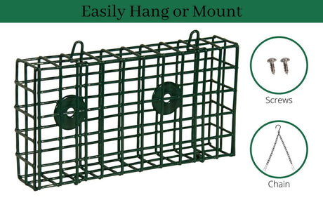 JCS Wildlife Double Suet Feeder Cage with easy mounting options using screws or chain.