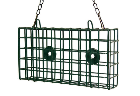 JCS Wildlife Double Suet Feeder Cage made from sturdy PVC coated wire mesh for bird feeding.