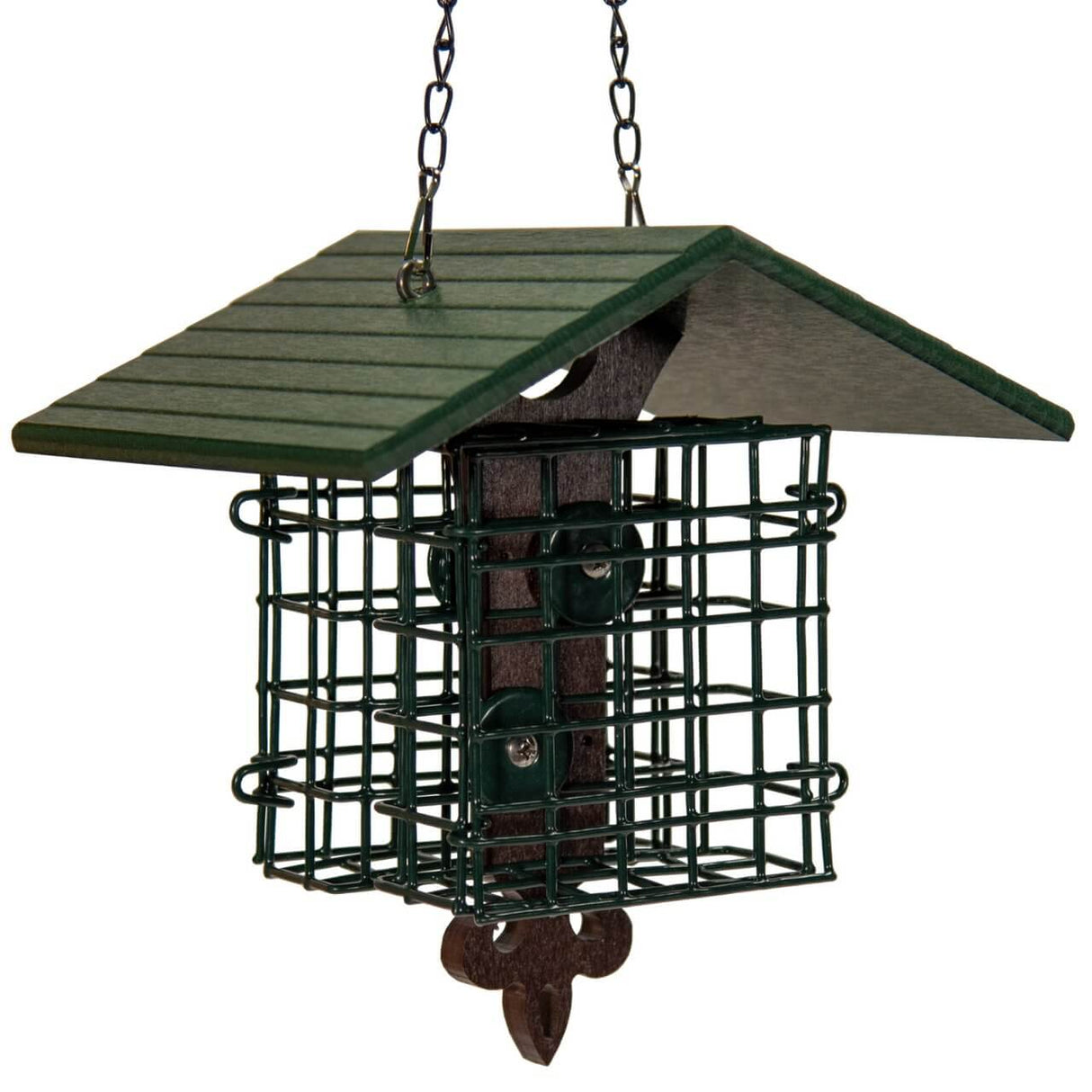 JCS Wildlife Fleur de Lis Suet Feeder with Eco-Friendly Poly Lumber Roof, perfect for attracting birds.