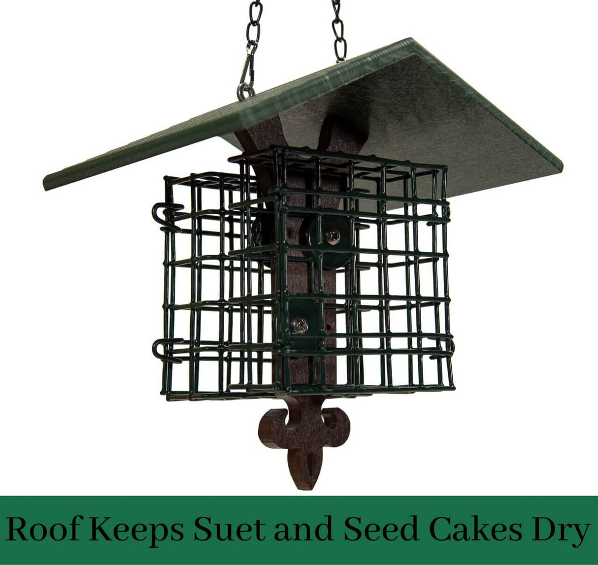 JCS Wildlife Fleur de Lis Suet Feeder with Eco-Friendly Roof keeps suet and seed cakes dry for birds.