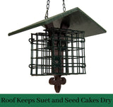 JCS Wildlife Fleur de Lis Suet Feeder with Eco-Friendly Roof keeps suet and seed cakes dry for birds.