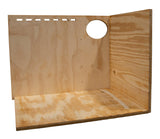 JCS Wildlife Large Barn Owl Box DIY assembly kit interior view showing wooden pieces and cutouts.