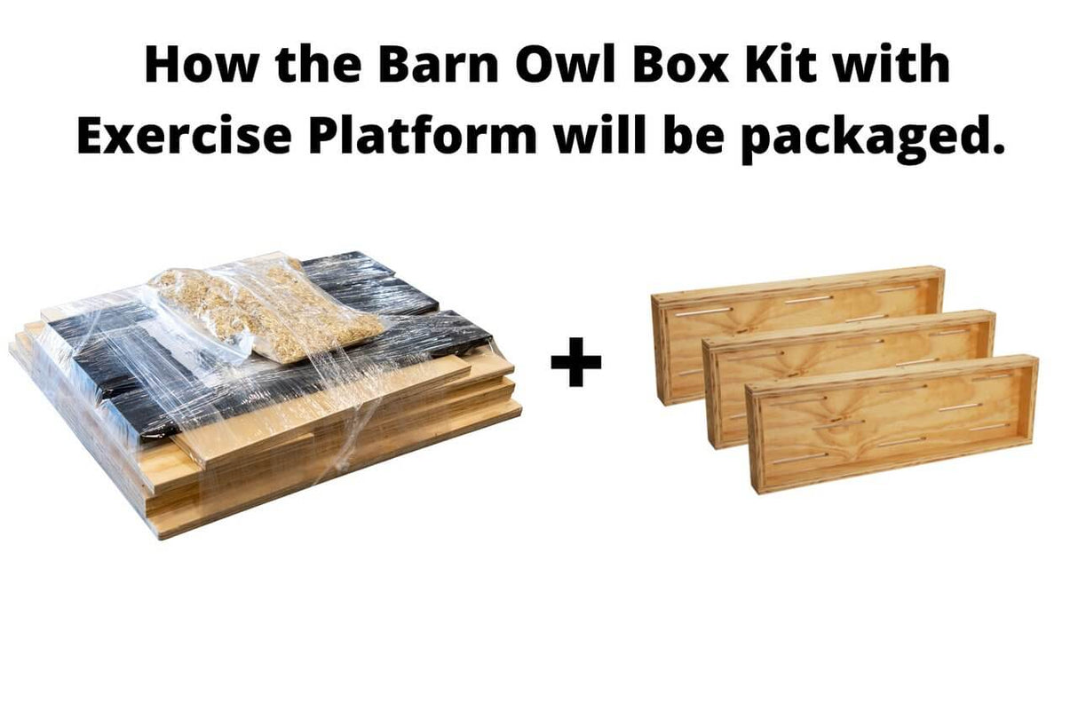 JCS Wildlife Large Barn Owl Box packaging with assembled parts and exercise platform kit.