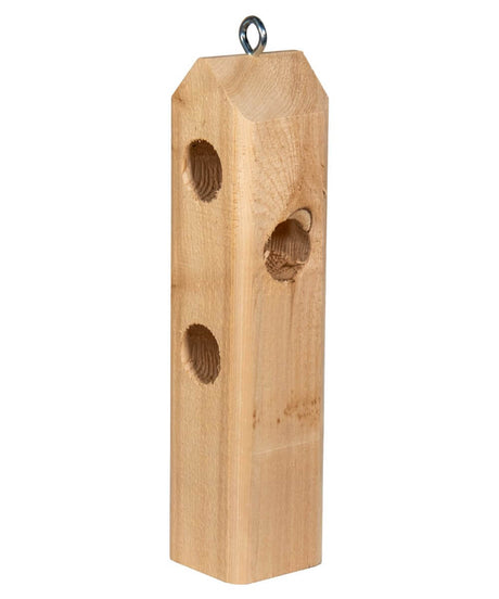 JCS Wildlife Log Jammer Suet Plug Feeder made of wood, designed to hold 3 suet plugs for attracting woodpeckers.