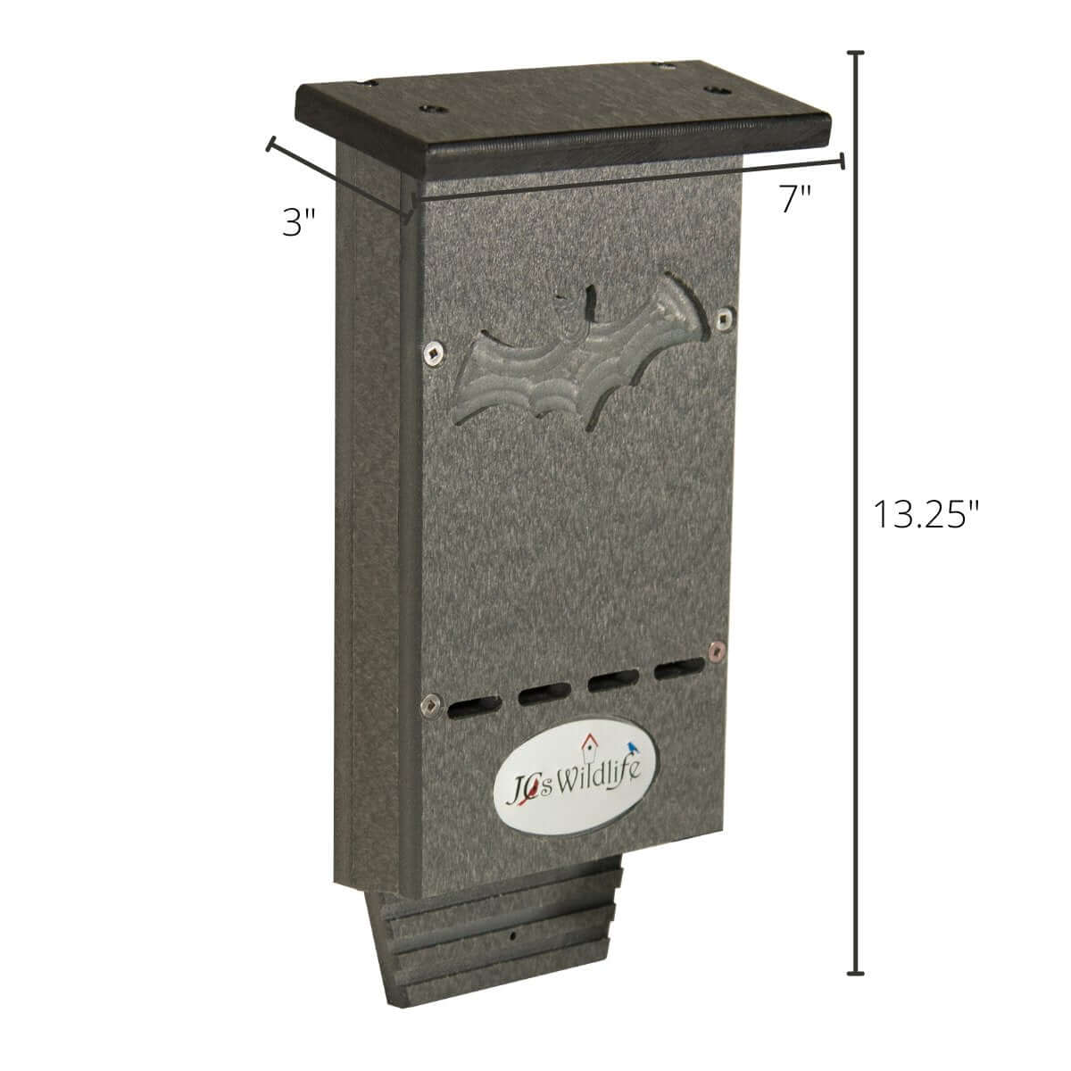 JCS Wildlife Mini Single Chamber Bat House with dimensions 13.25" height, 7" width, and 3" depth, made from recycled poly lumber.
