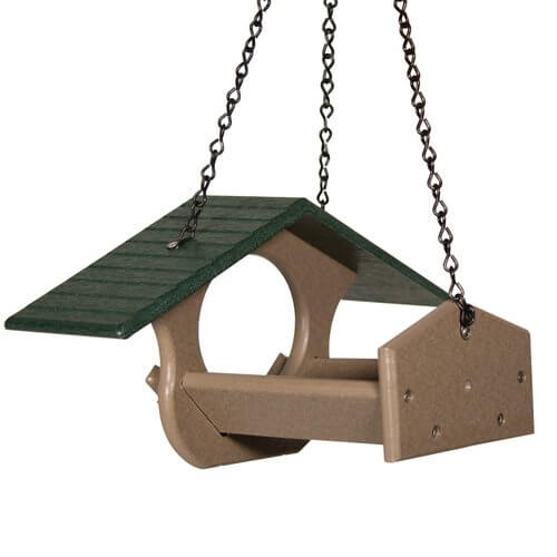 JCS Wildlife PB Pit Stop Peanut Butter Feeder made of eco-friendly materials with green roof and sturdy hanging chain.