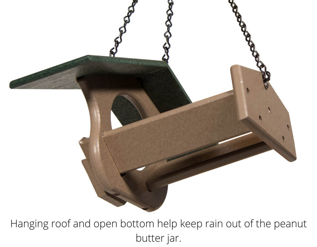 JCS Wildlife PB Pit Stop Peanut Butter Feeder with hanging roof and open bottom for rain protection.
