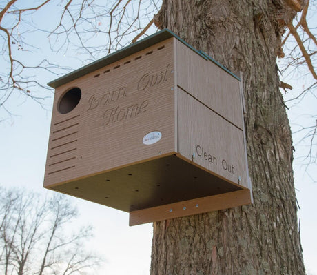 JCS Wildlife Poly Barn Owl Nesting Box mounted on tree for owl habitat, made from eco-friendly recycled poly lumber.