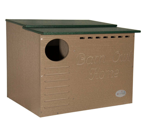 JCS Wildlife Poly Barn Owl Nesting Box made of eco-friendly recycled poly lumber with an elliptical entrance.