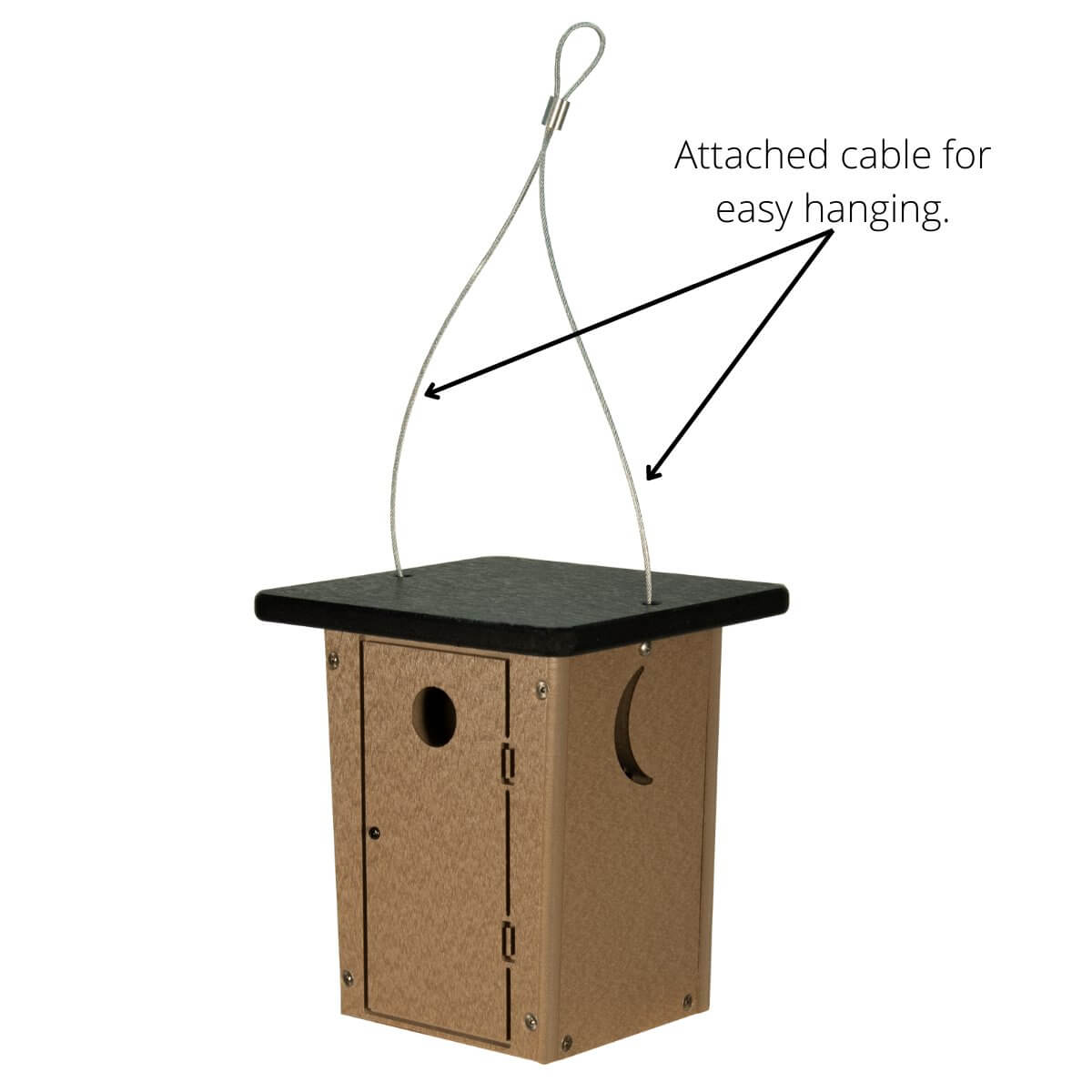 JCS Wildlife Poly Outhouse Wren House with attached cable for easy hanging, designed for house wrens and chickadees.