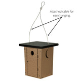 JCS Wildlife Poly Outhouse Wren House with attached cable for easy hanging, designed for house wrens and chickadees.