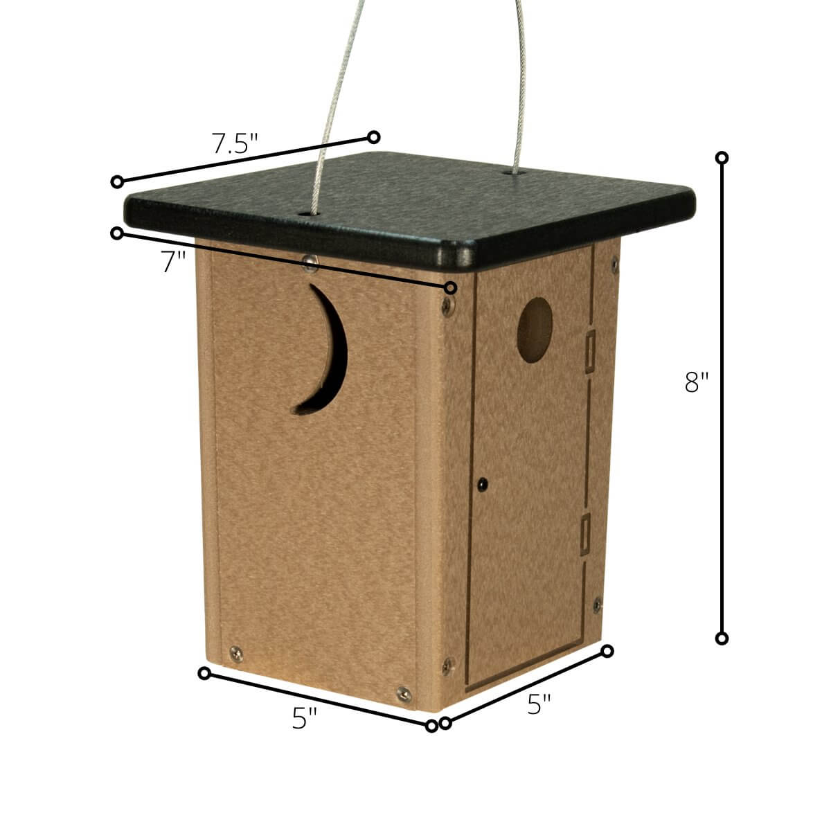 JCS Wildlife Poly Outhouse Wren House dimensions: 8" high, 5" wide, 7.5" long with a unique design for birds.