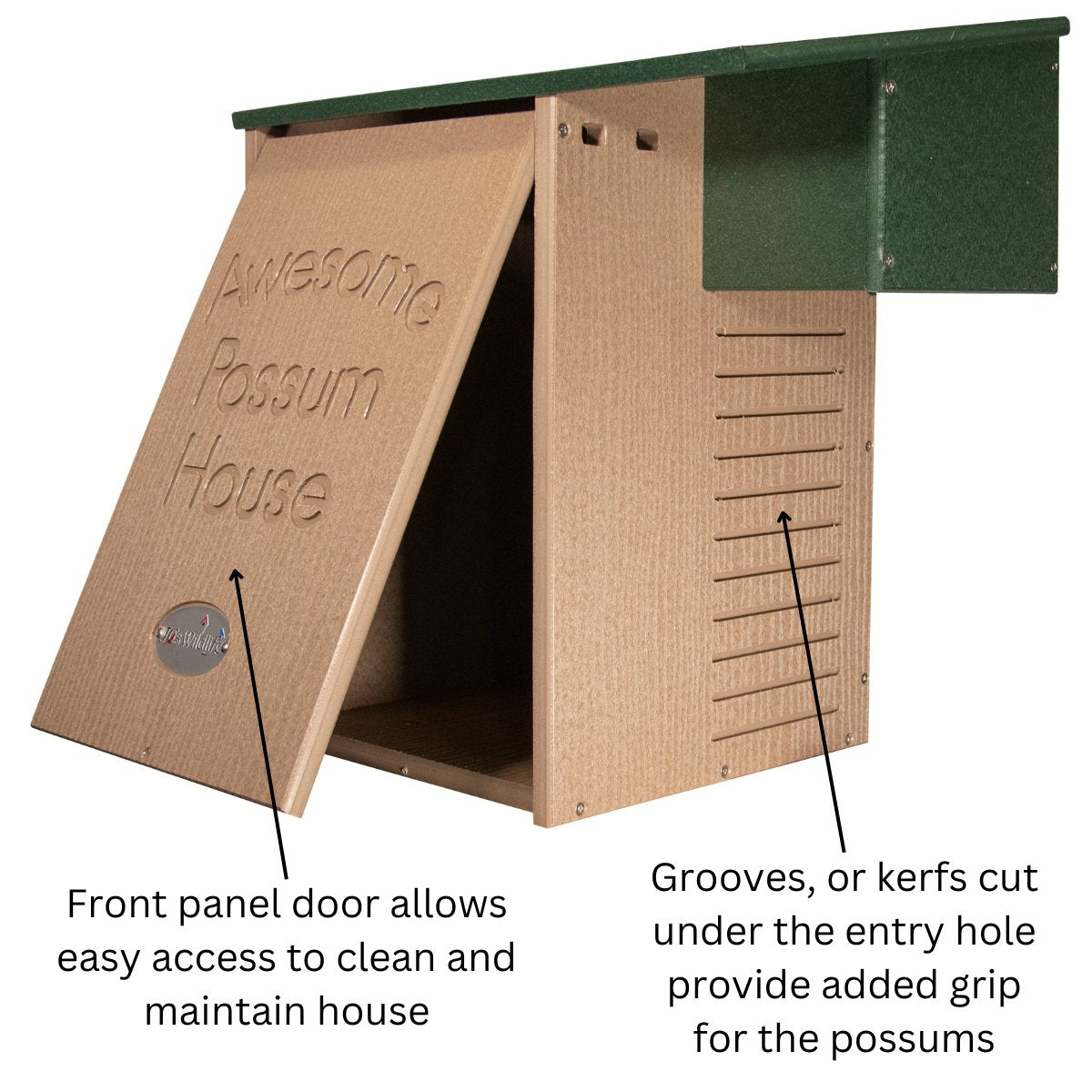 JCS Wildlife Recycled Poly Lumber Awesome Possum House with front panel door and grooves for easy access and grip