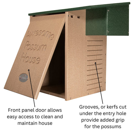 JCS Wildlife Recycled Poly Lumber Awesome Possum House with front panel door and grooves for easy access and grip