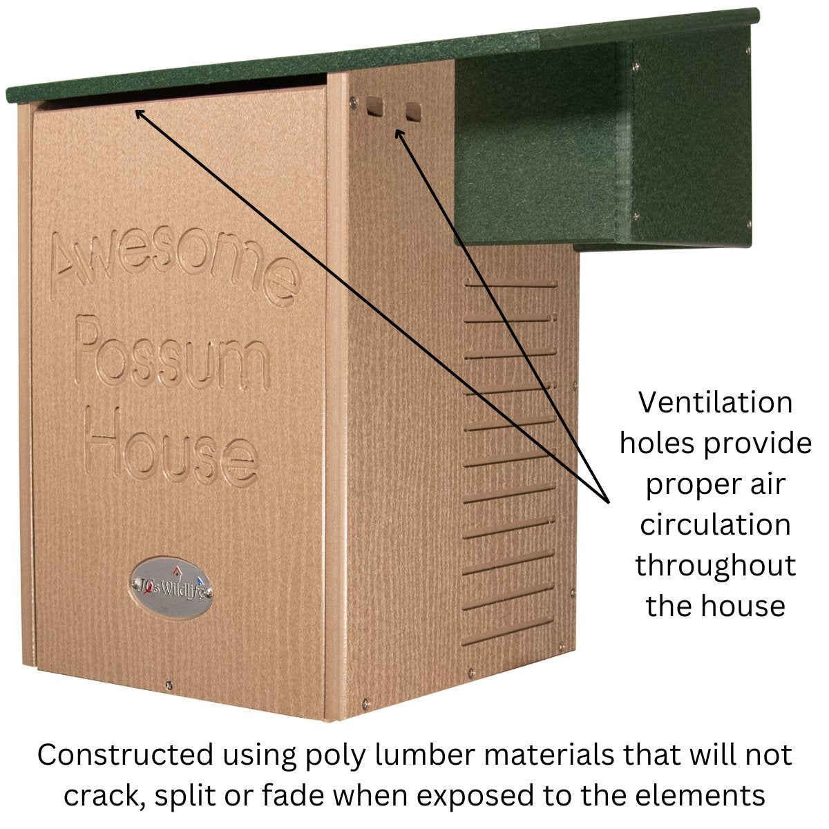 JCS Wildlife Recycled Poly Lumber Awesome Possum House with ventilation holes and durable construction.