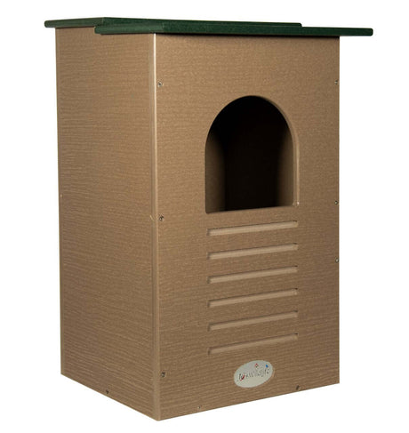 JCS Wildlife Recycled Poly Lumber Barred Owl Nesting Box with 7-inch entrance hole and overhanging roof.
