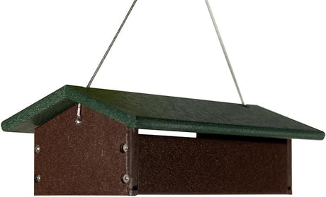 JCS Wildlife Recycled Poly Upside Down Double Suet Feeder hanging with green roof and brown body