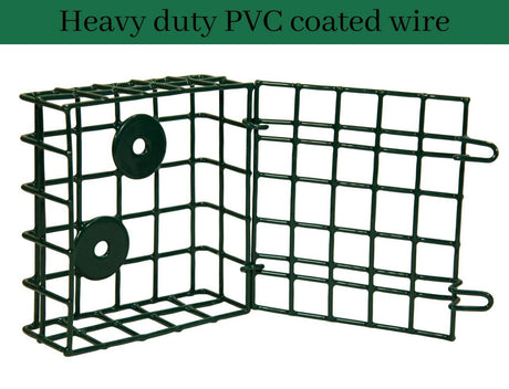 Heavy duty PVC coated wire suet feeder cage by JCS Wildlife for bird feeding.