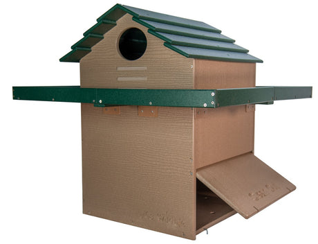 JCs Wildlife X Large Deluxe Poly Barn Owl Box with Exercise Platform made from recycled poly lumber, ideal for farms, ranches, and vineyards.