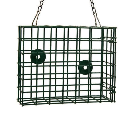 JCS Wildlife XL Suet Feeder Cage designed for birds, made of durable PVC coated wire mesh, perfect for suet cakes.