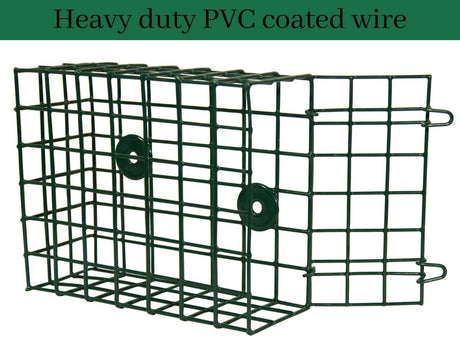 JCS Wildlife XL Suet Feeder Cage made with heavy duty PVC coated wire for durability and bird-friendly perching.