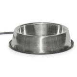 Stainless steel heated pet bowl with thermostatic control to prevent freezing, 120 ounces capacity, 25 watts.
