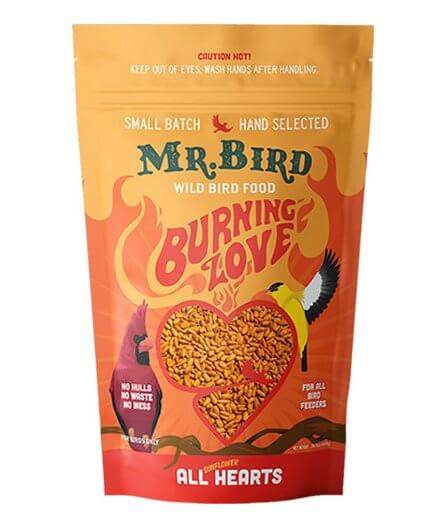 Mr. Bird Burning Love Wild Bird Seed, 4-lb. package featuring hot pepper-infused seed for birds.