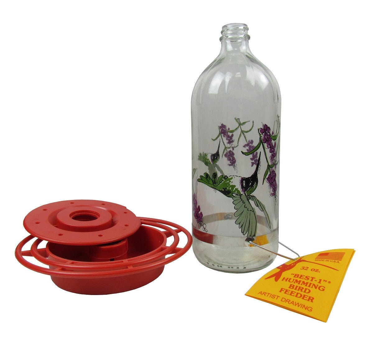 Original Best-1 Black Chinned Hummingbird Feeder, 32 oz glass container with red plastic base and 8 feeding ports, disassembled for cleaning.