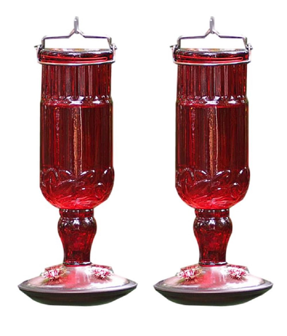 Two Perky-Pet 8119 Red Antique Glass Bottle Hummingbird Feeders with 4 Decorative Feeding Ports