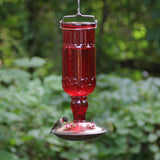 Perky-Pet 8119 Red Antique Glass Bottle Hummingbird Feeder with decorative ports and hummingbird feeding