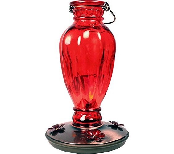 Perky-Pet 8133 Red Daisy Vase Vintage-Style Glass Hummingbird Feeder with Copper-Finished Lid and Flower-Shaped Feeding Ports