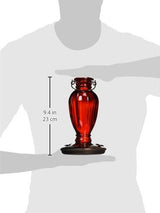 Perky-Pet 8133 Red Daisy Vase Vintage Glass Hummingbird Feeder shown held in hands with measurements of 9.4 inches or 23 cm tall