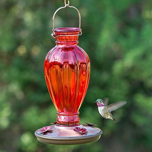 Perky-Pet 8133 Red Daisy Vase Vintage-Style Glass Hummingbird Feeder with 4 flower-shaped feeding ports and copper-finished metal base.
