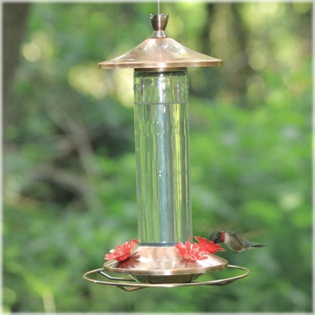 Perky Pet Brushed Metal & Glass Hummingbird Feeder 12oz with Four Feeding Ports and Circular Perch Design