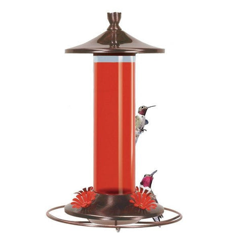 Perky Pet Brushed Metal & Glass Hummingbird Feeder 12oz with four feeding ports and bronze top and base