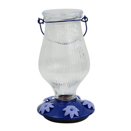 Perky-Pet Grand Oasis Top-Fill Glass Hummingbird Feeder with wide-mouth opening and blue blossom accents, 38 oz capacity.