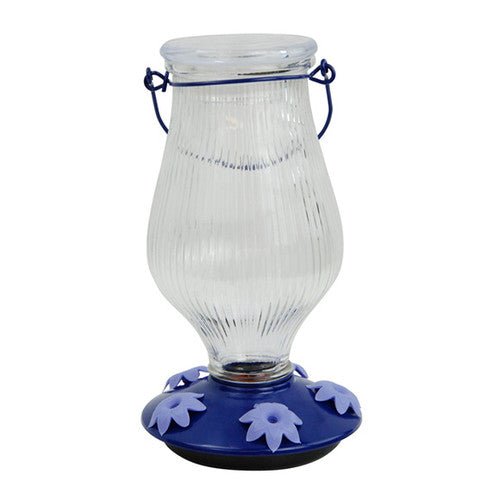 Perky-Pet Grand Oasis Top-Fill Glass Hummingbird Feeder with a blue base and flower accents, 38 oz capacity