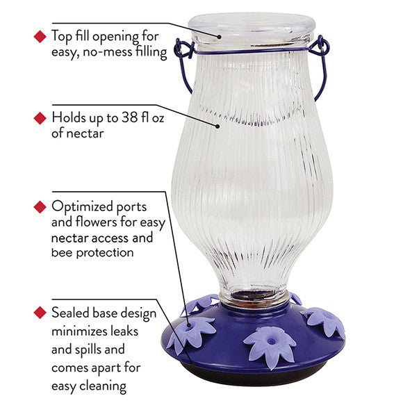 Perky-Pet Grand Oasis Top-Fill Glass Hummingbird Feeder with 38 oz capacity, optimized ports, and sealed base for easy filling and cleaning