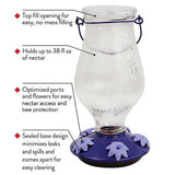Perky-Pet Grand Oasis Top-Fill Glass Hummingbird Feeder with 38 oz capacity, optimized ports, and sealed base for easy filling and cleaning
