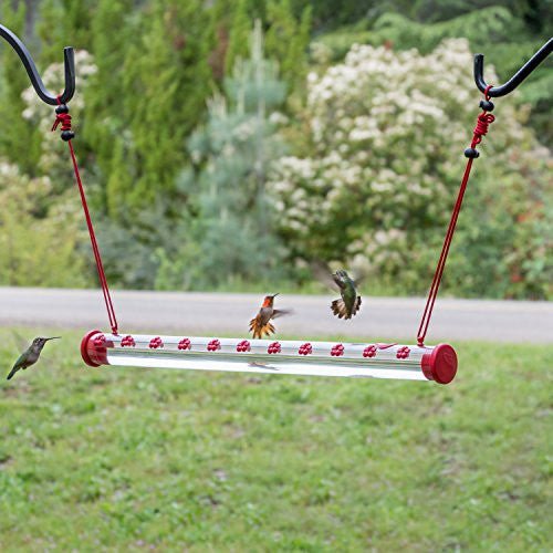 Perky-Pet Hummerbar Hummingbird Feeder with 22 ports hanging outdoors, attracting hummingbirds to feed from the tube.