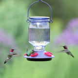 Perky-Pet Lavender Field Top-Fill Glass Hummingbird Feeder with three hummingbirds feeding in a lush green background