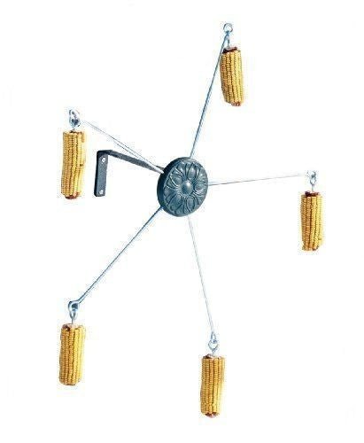 Squirrel Go Round Feeder, model 5560, aluminum construction with 5 arms and corn skewers, designed to keep squirrels away from bird feeders.